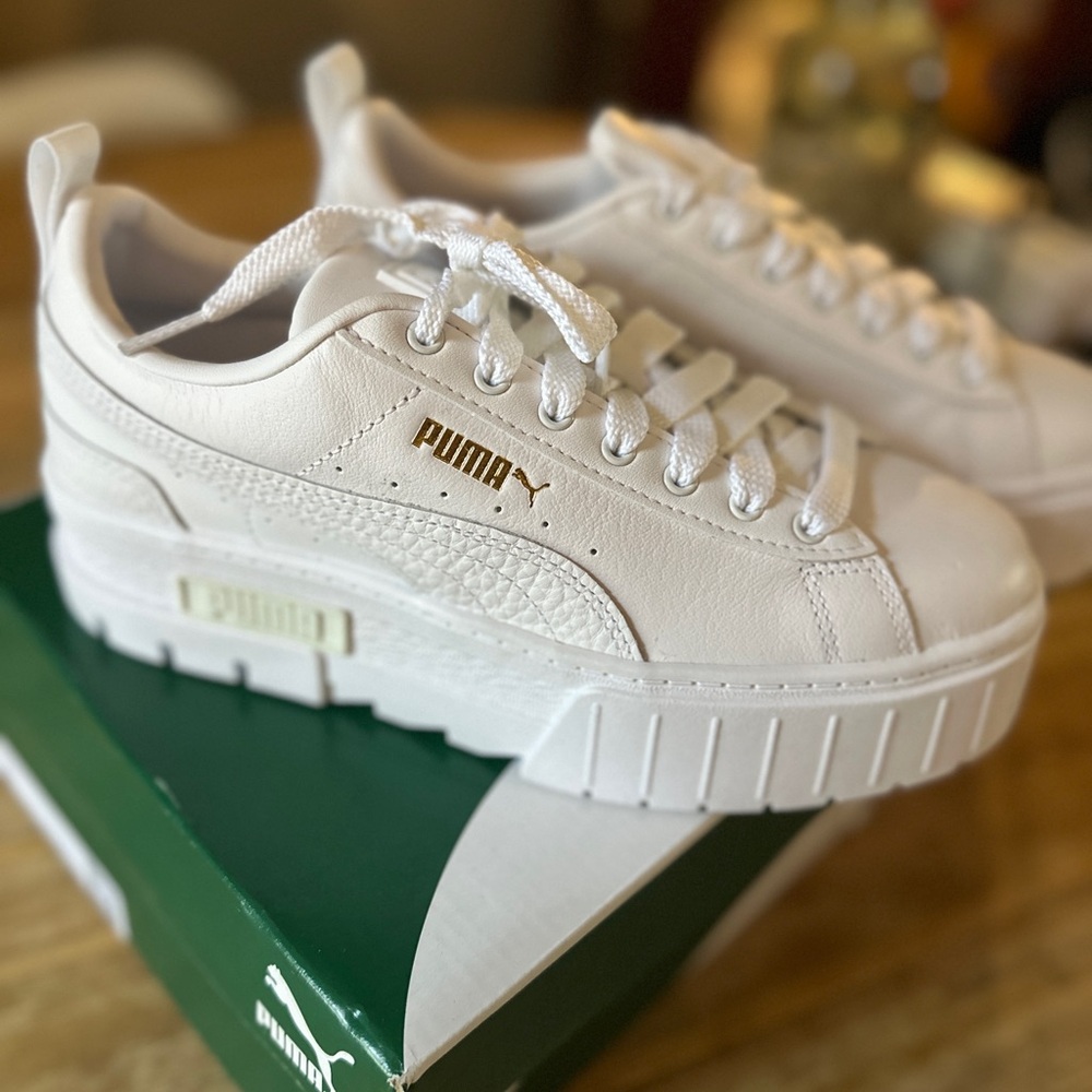Puma White Platform Mayze Sneakers with Gold Accents
